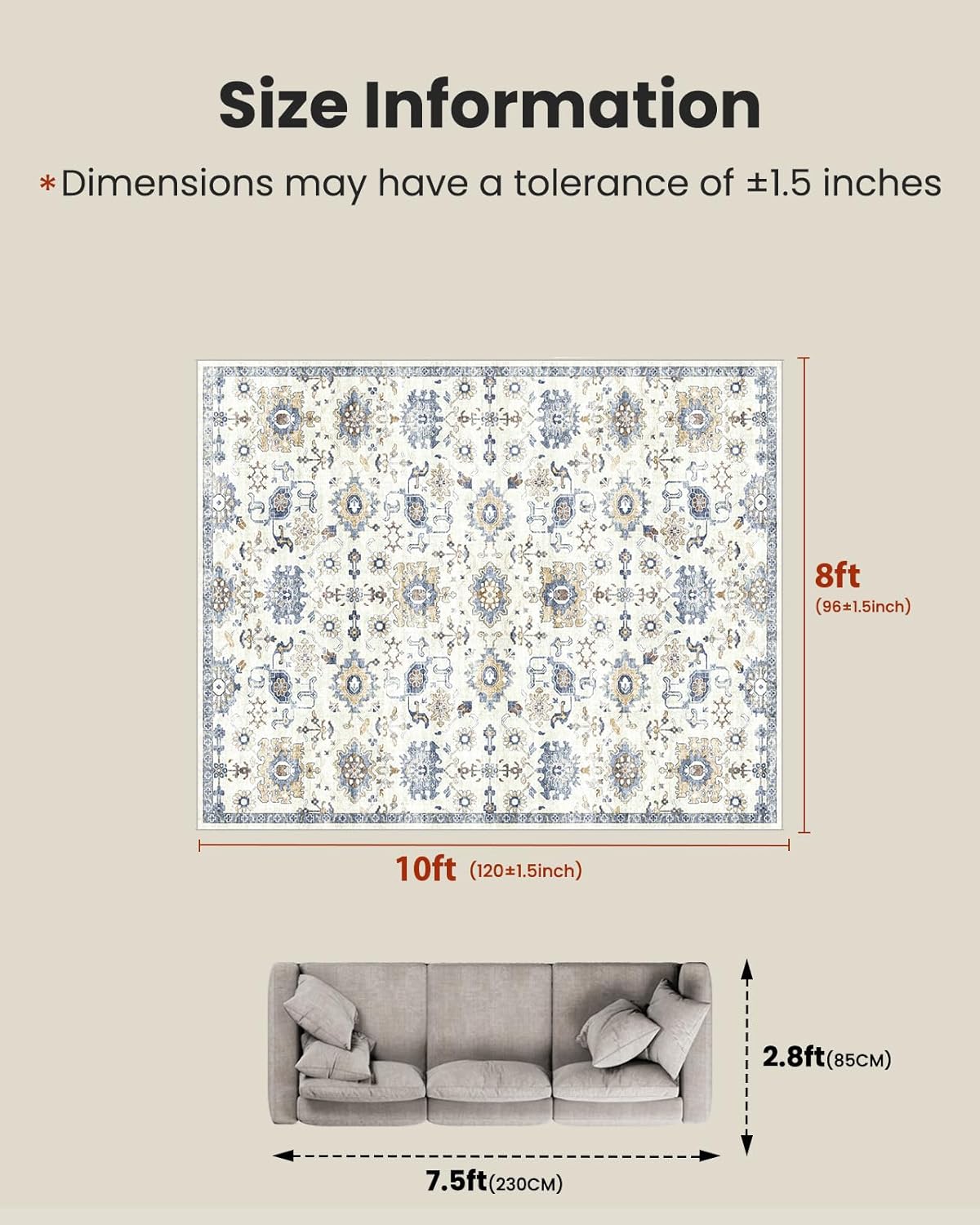 8x10 Washable Area Rug, Vintage Low-Pile Indoor Rug with Non-Slip Backing, Durable Edge Binding, Large Rug for Living Room, Bedroom, Dining Room, Blue/White