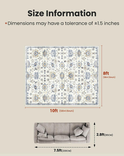 8x10 Washable Area Rug, Vintage Low-Pile Indoor Rug with Non-Slip Backing, Durable Edge Binding, Large Rug for Living Room, Bedroom, Dining Room, Blue/White