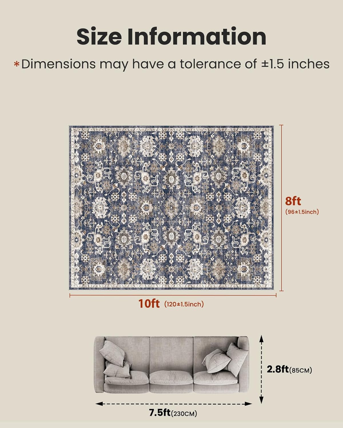 8x10 Washable Area Rug, Vintage Low-Pile Rug with Non-Slip Backing, Durable Edge Binding, Large Indoor Rug for Living Room, Bedroom & Dining Room