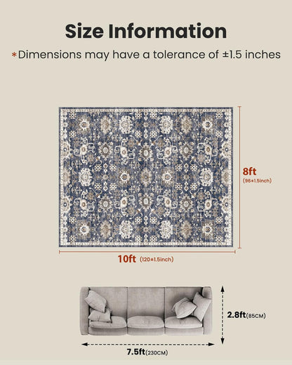 8x10 Washable Area Rug, Vintage Low-Pile Rug with Non-Slip Backing, Durable Edge Binding, Large Indoor Rug for Living Room, Bedroom & Dining Room