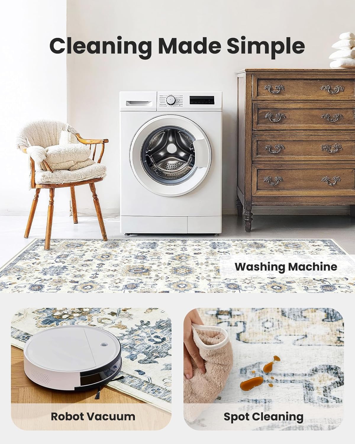 8x10 Washable Area Rug, Vintage Low-Pile Indoor Rug with Non-Slip Backing, Durable Edge Binding, Large Rug for Living Room, Bedroom, Dining Room, Blue/White