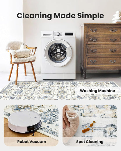 8x10 Washable Area Rug, Vintage Low-Pile Indoor Rug with Non-Slip Backing, Durable Edge Binding, Large Rug for Living Room, Bedroom, Dining Room, Blue/White