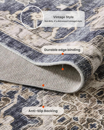 8x10 Washable Area Rug, Vintage Low-Pile Rug with Non-Slip Backing, Durable Edge Binding, Large Indoor Rug for Living Room, Bedroom & Dining Room