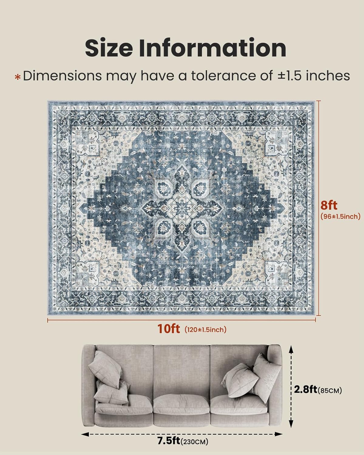 8x10 Washable Area Rug, Low-Profile Non-Slip Backing with Durable Edge Binding, Vintage Large Rug for Living Room, Bedroom, Dining Room, Blue