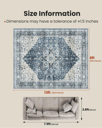 8x10 Washable Area Rug, Low-Profile Non-Slip Backing with Durable Edge Binding, Vintage Large Rug for Living Room, Bedroom, Dining Room, Blue