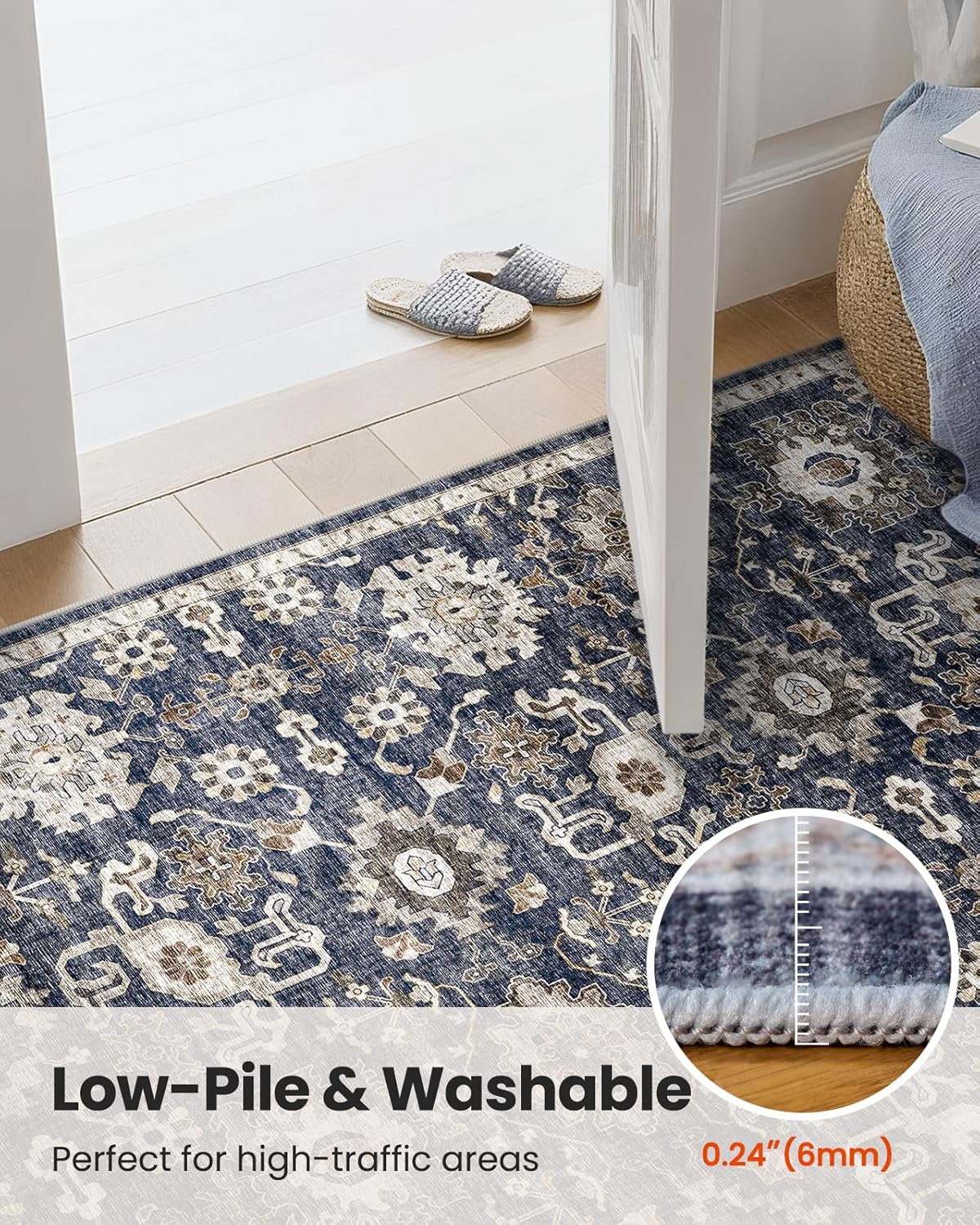 8x10 Washable Area Rug, Vintage Low-Pile Rug with Non-Slip Backing, Durable Edge Binding, Large Indoor Rug for Living Room, Bedroom & Dining Room