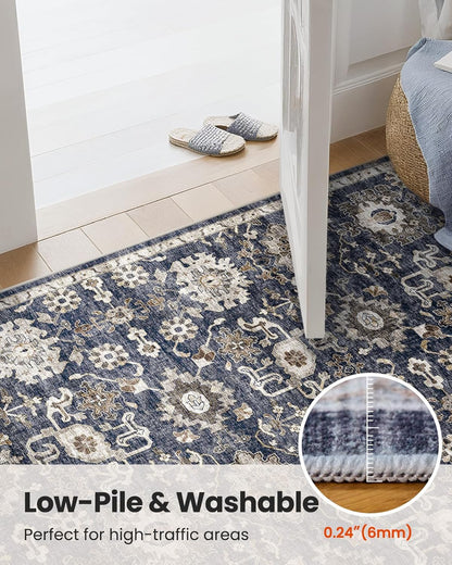 8x10 Washable Area Rug, Vintage Low-Pile Rug with Non-Slip Backing, Durable Edge Binding, Large Indoor Rug for Living Room, Bedroom & Dining Room