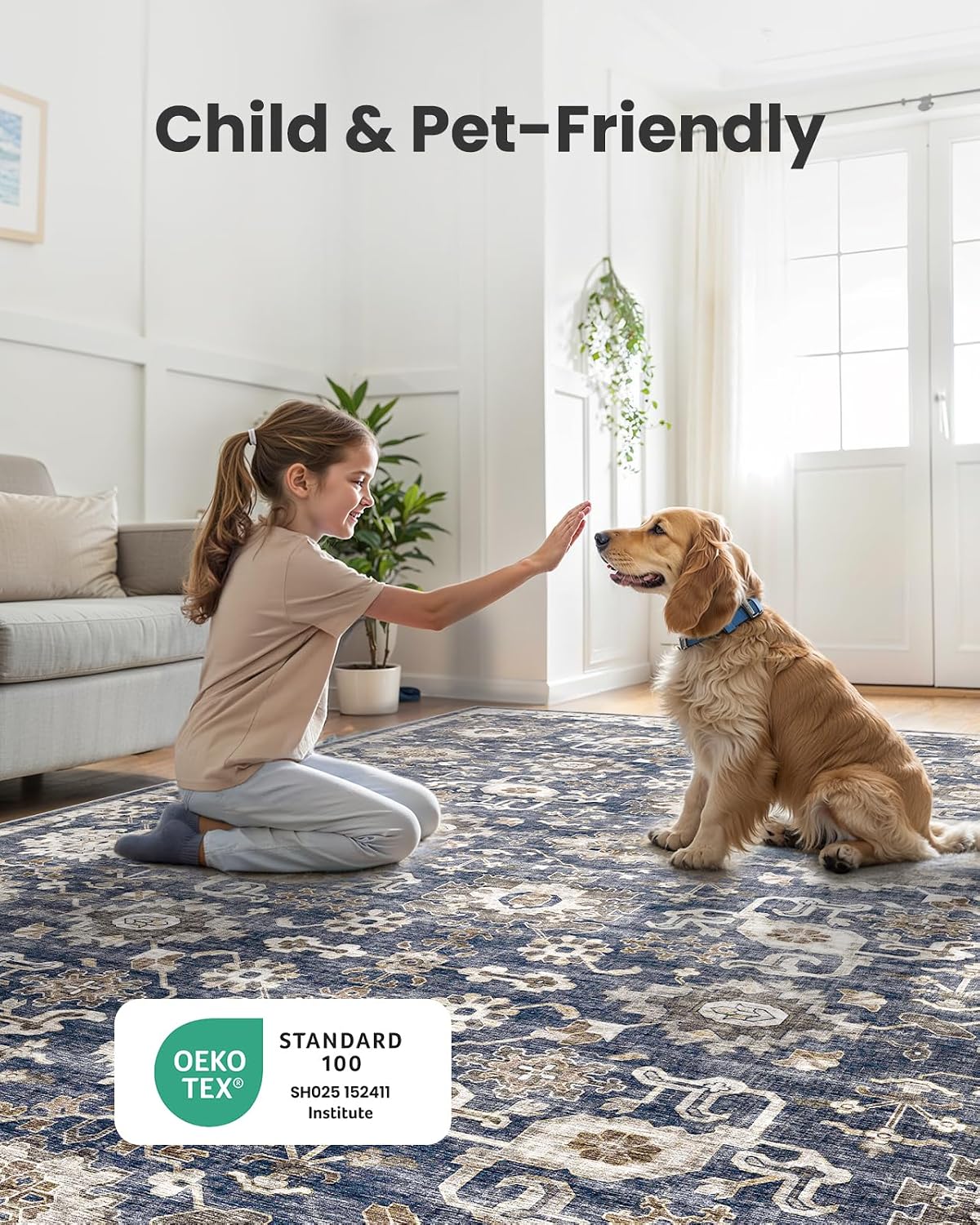 8x10 Washable Area Rug, Vintage Low-Pile Rug with Non-Slip Backing, Durable Edge Binding, Large Indoor Rug for Living Room, Bedroom & Dining Room