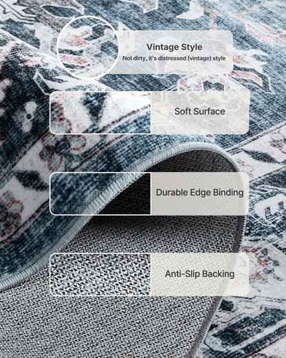 8x10 Washable Area Rug, Low-Profile Non-Slip Backing with Durable Edge Binding, Vintage Large Rug for Living Room, Bedroom, Dining Room, Blue