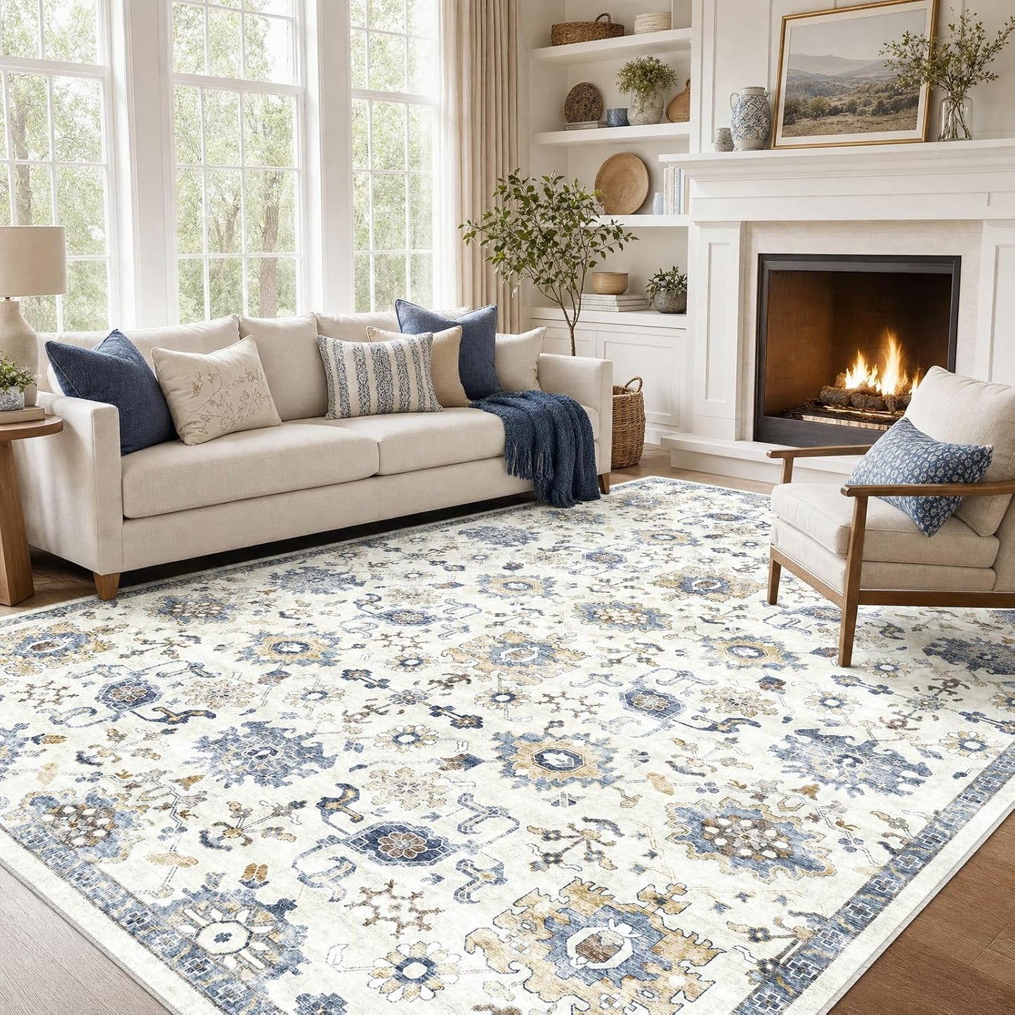 8x10 Washable Area Rug, Vintage Low-Pile Indoor Rug with Non-Slip Backing, Durable Edge Binding, Large Rug for Living Room, Bedroom, Dining Room, Blue/White