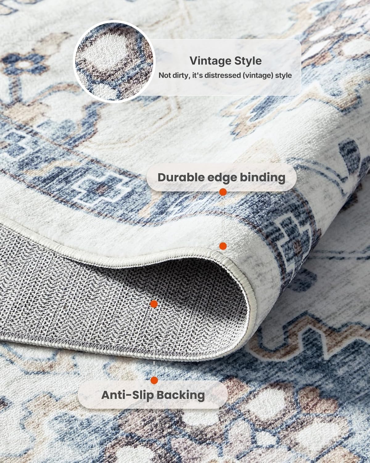 8x10 Washable Area Rug, Vintage Low-Pile Indoor Rug with Non-Slip Backing, Durable Edge Binding, Large Rug for Living Room, Bedroom, Dining Room, Blue/White