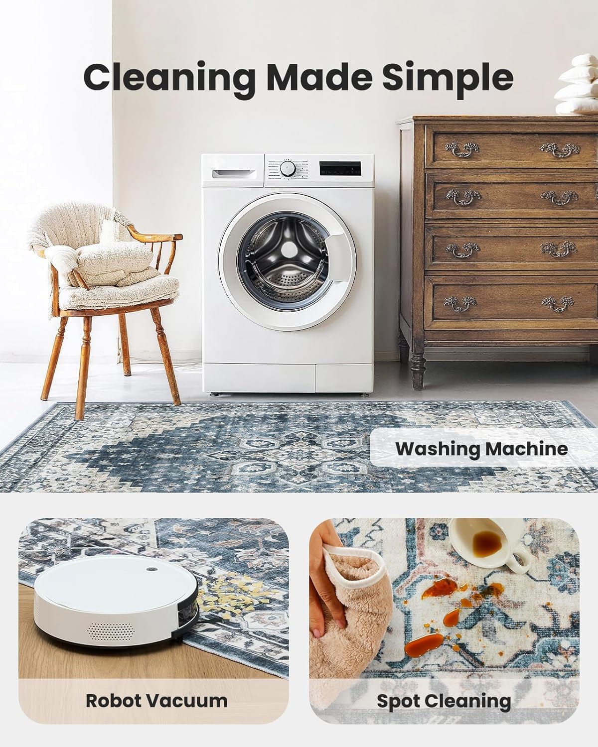 8x10 Washable Area Rug, Low-Profile Non-Slip Backing with Durable Edge Binding, Vintage Large Rug for Living Room, Bedroom, Dining Room, Blue
