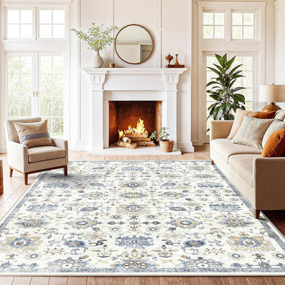 8x10 Washable Area Rug, Vintage Low-Pile Indoor Rug with Non-Slip Backing, Durable Edge Binding, Large Rug for Living Room, Bedroom, Dining Room, Blue/White