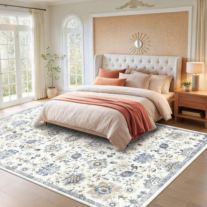 8x10 Washable Area Rug, Vintage Low-Pile Indoor Rug with Non-Slip Backing, Durable Edge Binding, Large Rug for Living Room, Bedroom, Dining Room, Blue/White