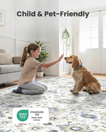 8x10 Washable Area Rug, Vintage Low-Pile Indoor Rug with Non-Slip Backing, Durable Edge Binding, Large Rug for Living Room, Bedroom, Dining Room, Blue/White