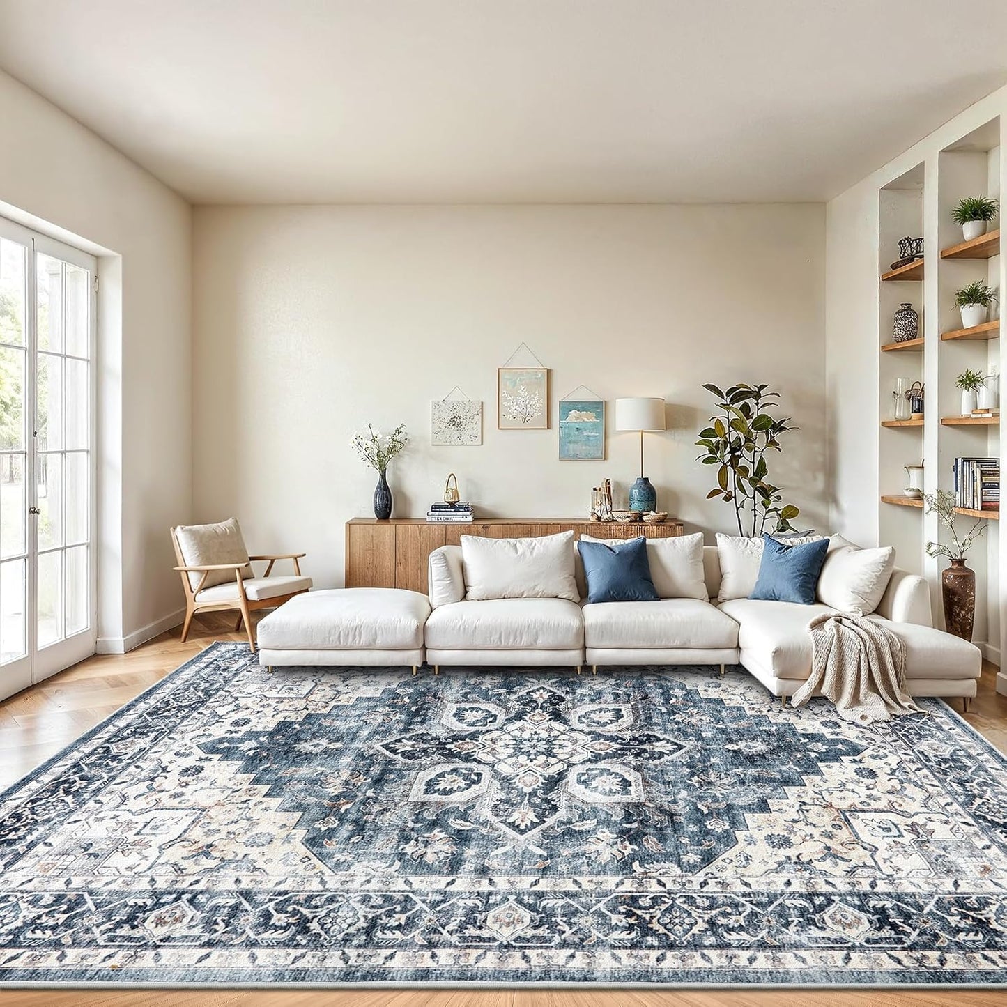 8x10 Washable Area Rug, Low-Profile Non-Slip Backing with Durable Edge Binding, Vintage Large Rug for Living Room, Bedroom, Dining Room, Blue