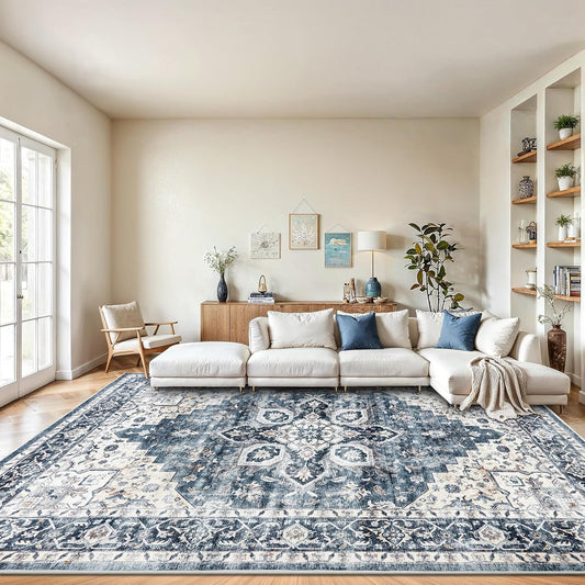 8x10 Washable Area Rug, Low-Profile Non-Slip Backing with Durable Edge Binding, Vintage Large Rug for Living Room, Bedroom, Dining Room, Blue