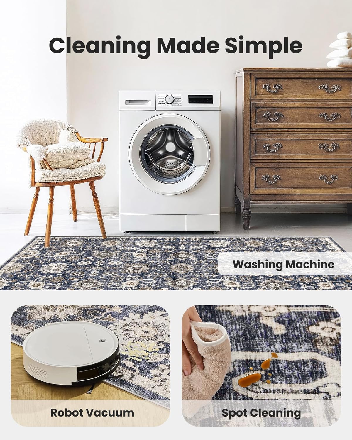 8x10 Washable Area Rug, Vintage Low-Pile Rug with Non-Slip Backing, Durable Edge Binding, Large Indoor Rug for Living Room, Bedroom & Dining Room
