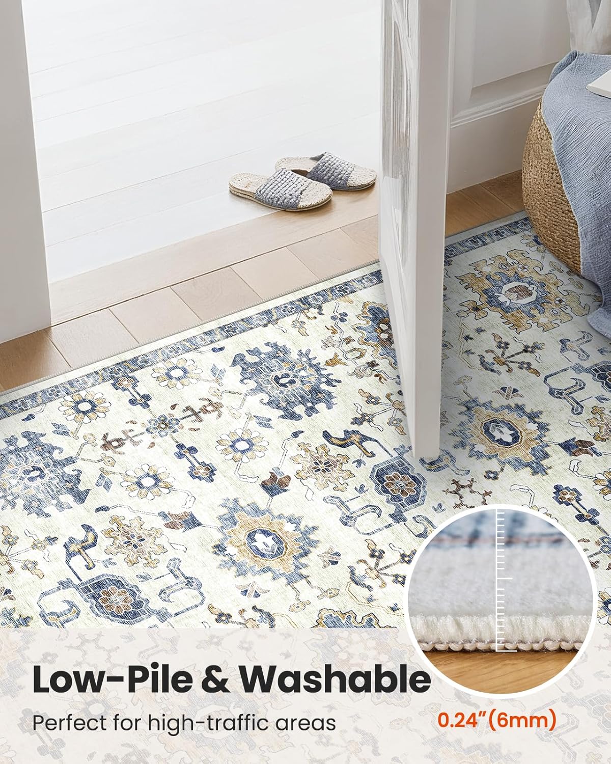 8x10 Washable Area Rug, Vintage Low-Pile Indoor Rug with Non-Slip Backing, Durable Edge Binding, Large Rug for Living Room, Bedroom, Dining Room, Blue/White