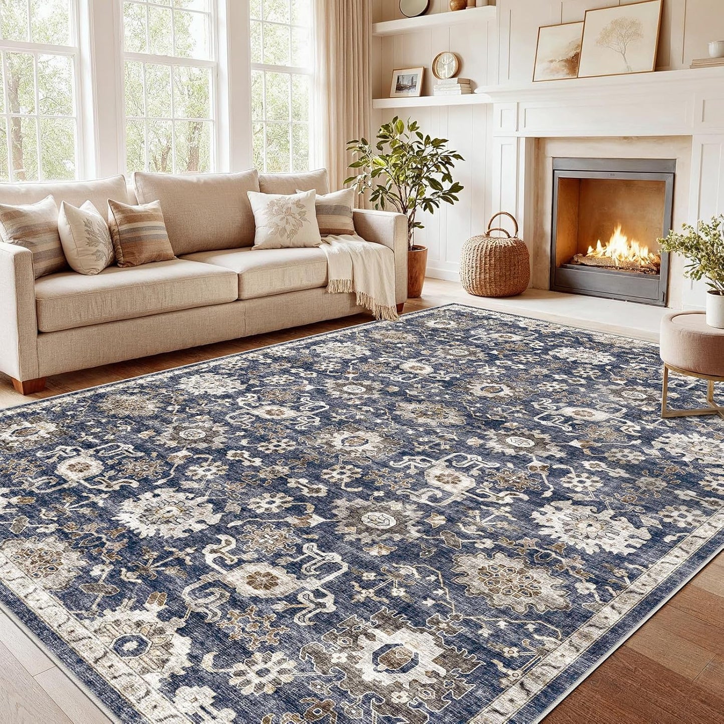 8x10 Washable Area Rug, Vintage Low-Pile Rug with Non-Slip Backing, Durable Edge Binding, Large Indoor Rug for Living Room, Bedroom & Dining Room