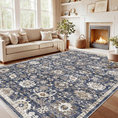 8x10 Washable Area Rug, Vintage Low-Pile Rug with Non-Slip Backing, Durable Edge Binding, Large Indoor Rug for Living Room, Bedroom & Dining Room