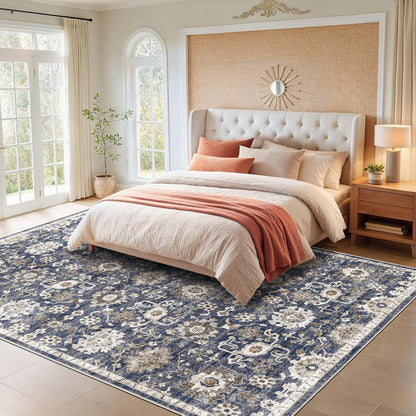8x10 Washable Area Rug, Vintage Low-Pile Rug with Non-Slip Backing, Durable Edge Binding, Large Indoor Rug for Living Room, Bedroom & Dining Room