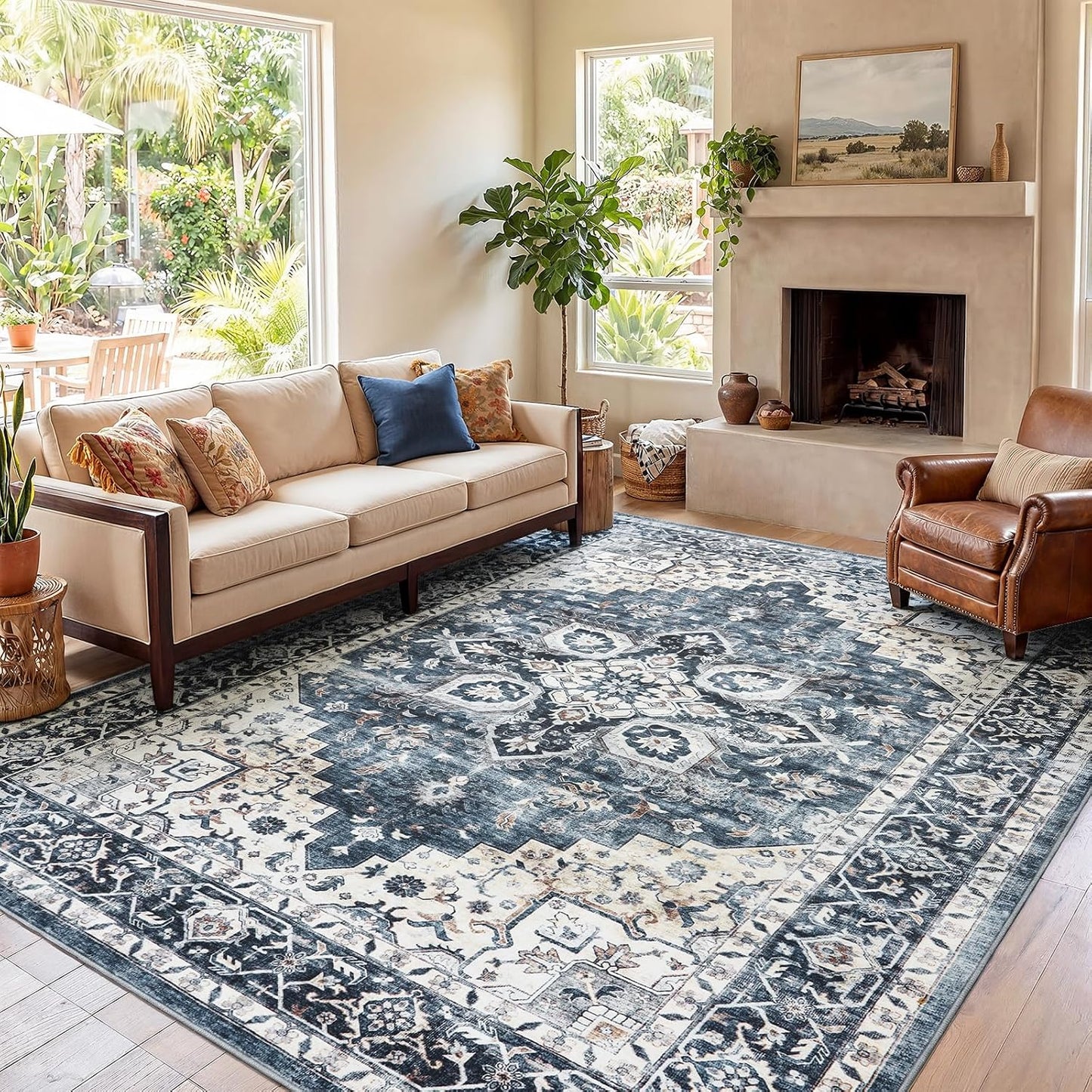 8x10 Washable Area Rug, Low-Profile Non-Slip Backing with Durable Edge Binding, Vintage Large Rug for Living Room, Bedroom, Dining Room, Blue
