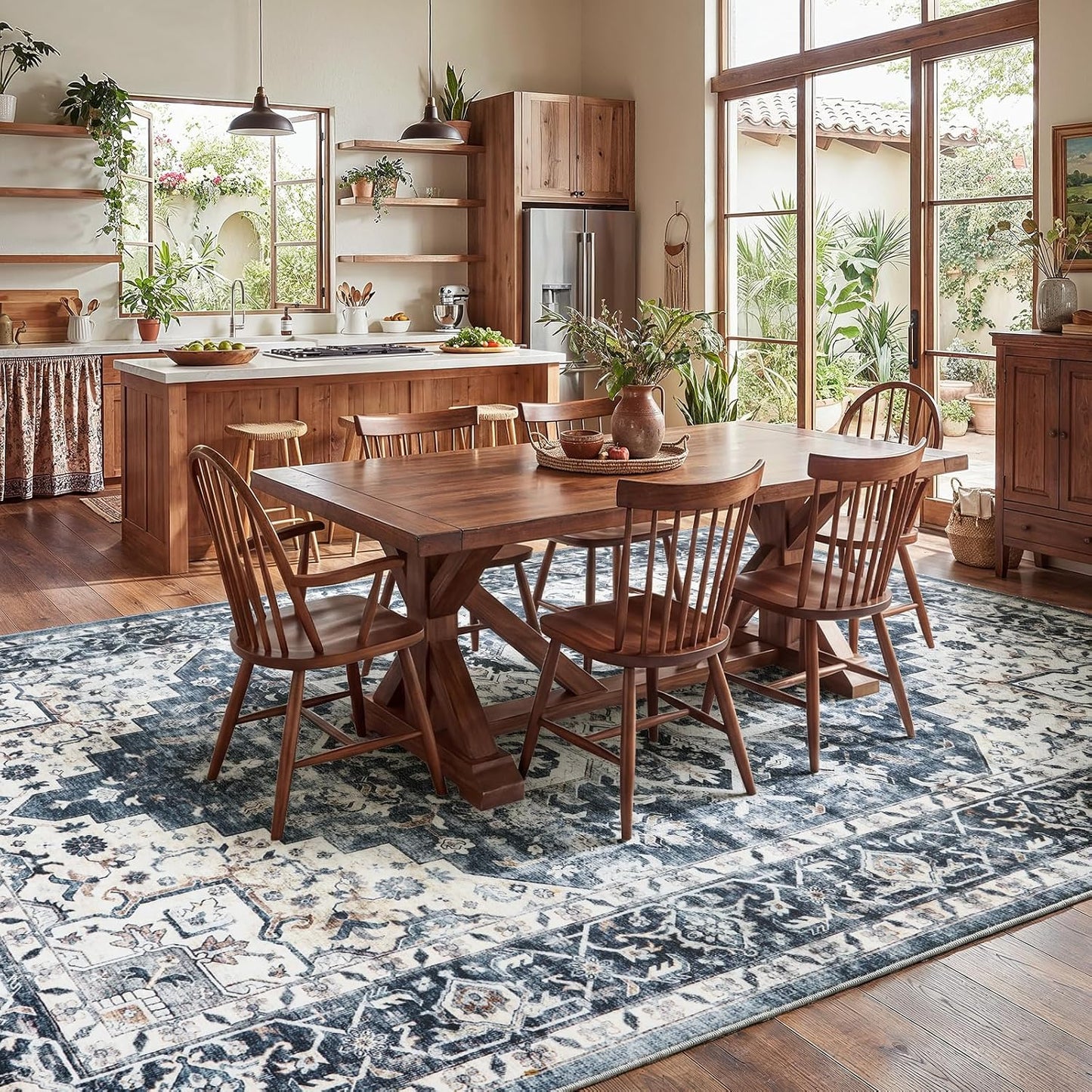 8x10 Washable Area Rug, Low-Profile Non-Slip Backing with Durable Edge Binding, Vintage Large Rug for Living Room, Bedroom, Dining Room, Blue