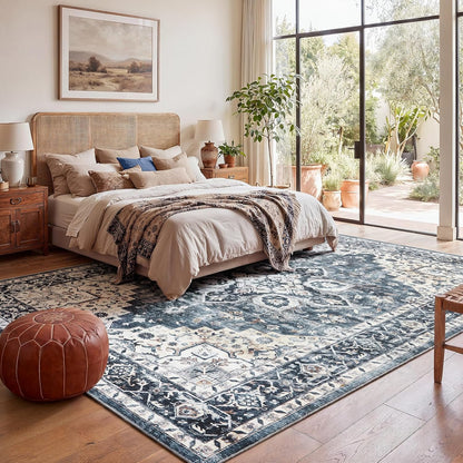 8x10 Washable Area Rug, Low-Profile Non-Slip Backing with Durable Edge Binding, Vintage Large Rug for Living Room, Bedroom, Dining Room, Blue